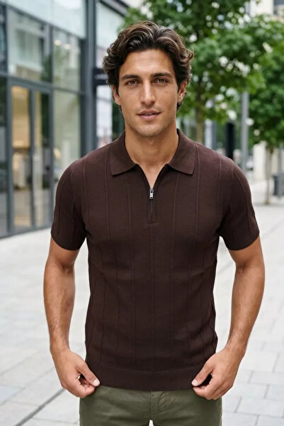 TOZLU Men's Polo Collar Half Zipper Patterned Knitwear T-Shirt
