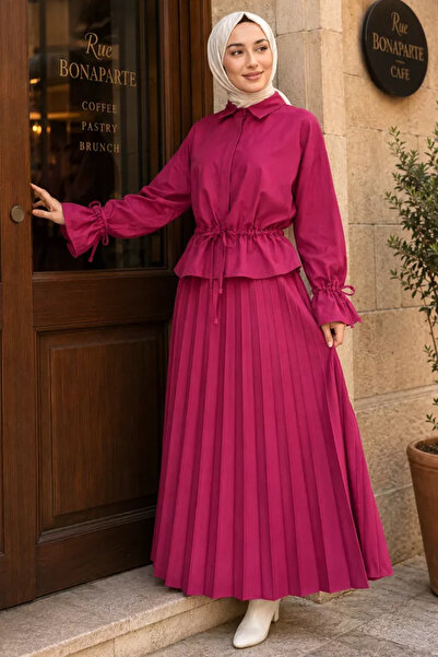 TOZLU Women's Pleated Skirt Shirt Hijab Double Set