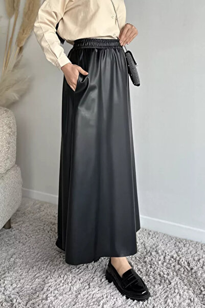 TOZLU Leather Hijab Skirt with Elastic Waist and Pockets