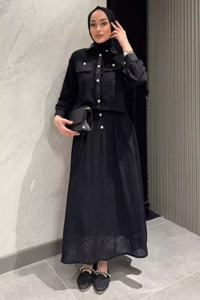 TOZLU Women's Tassel Detailed Pearl Buttoned Scalloped Hijab Shirt Skirt Doub...