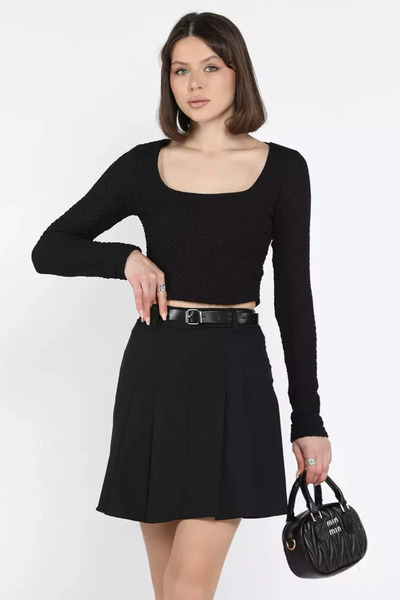 TOZLU Women's Pleated Skirt with Waist Belt and Inner Shorts