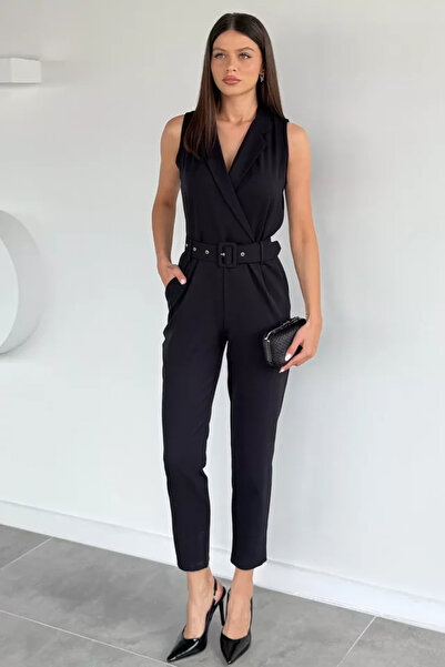 TOZLU Women's Double-Breasted Collar Jumpsuit with Belt Accessory