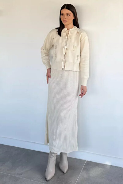 TOZLU Women's Pearl and Stone Embroidered Knitwear Dress Cardigan Double Set