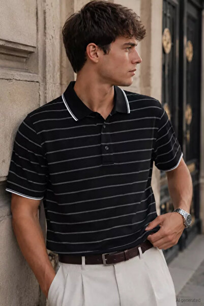 TOZLU Men's Striped Polo Collar T-Shirt