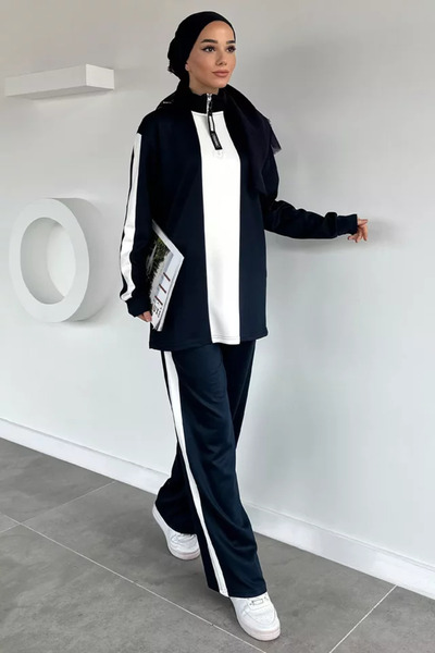 TOZLU Hijab Half-Zipper Color-Decorated Tunic and Pants Double Set