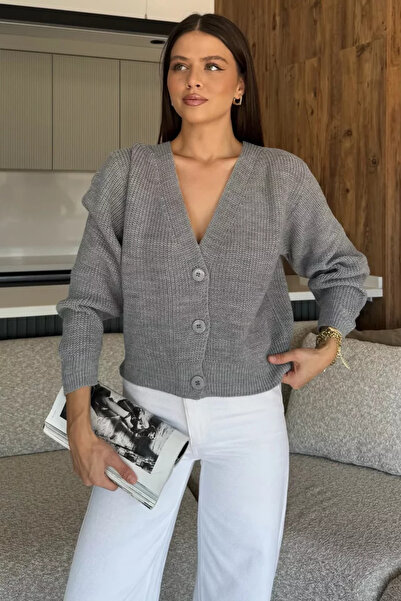 TOZLU V-Neck Front Buttoned Women's Knitted Sweater Cardigan
