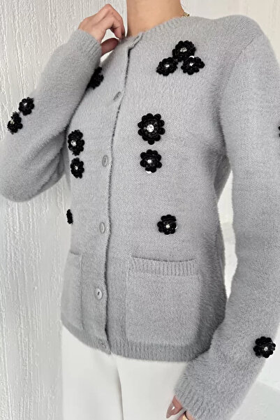 TOZLU Women's Sequin Embroidered Soft Yarn Knitwear Jacket