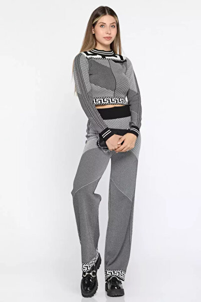 TOZLU Patterned Crop Blouse Trousers Knitwear Two-Piece Set (Fits S-M Size)