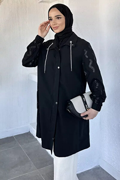 TOZLU Women's Sleeve Embroidery Detailed Pocketed Hijab Trench Coat