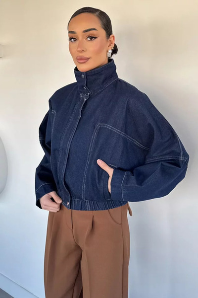 TOZLU Jachetă de blugi oversize pentru femei, cu fermoar frontal și talie ela...