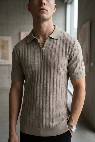 TOZLU Men's Polo Collar Half Zip Knitwear T-Shirt
