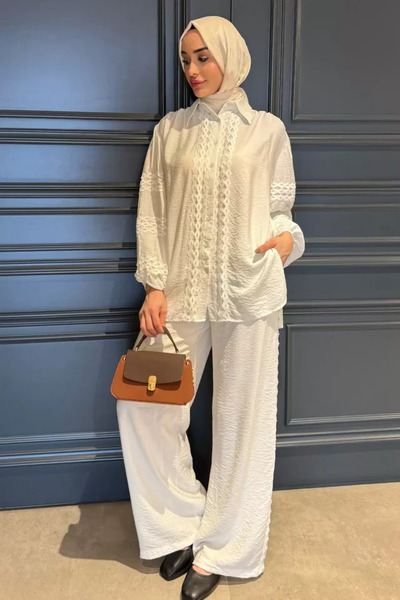 TOZLU Scalloped Sleeve Elastic Shirt Pants Hijab Double Set