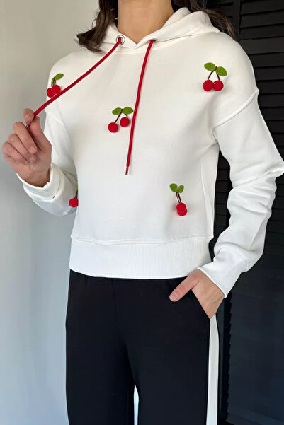 TOZLU Women's Cherry Hooded Three-Thread Raster Sweatshirt