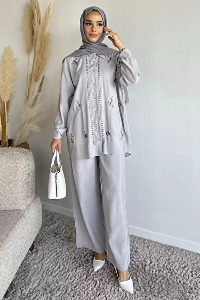 TOZLU Women's Bead Embroidered Hijab Shirt and Pants Two-Piece Set