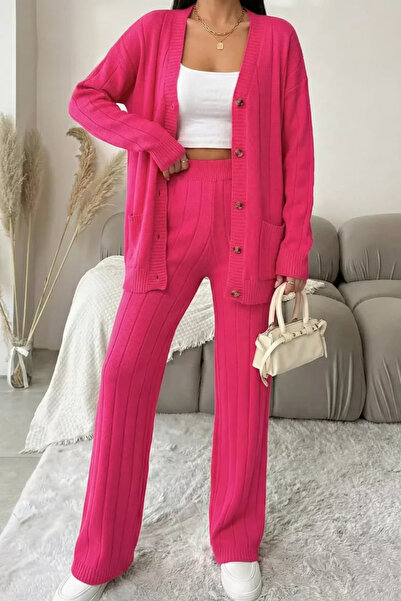 TOZLU Women's Front Buttoned Self-Line Patterned Knitwear Cardigan Trousers T...