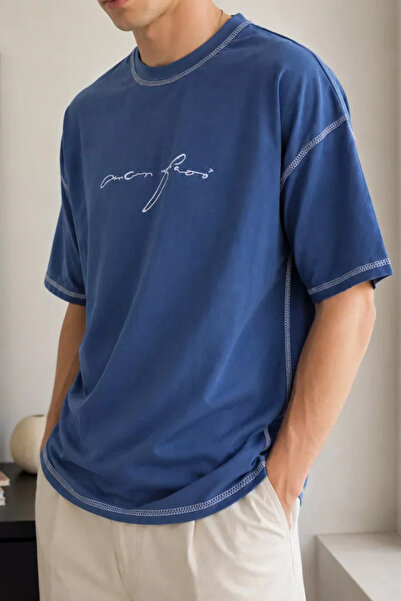 TOZLU Men's Crew Neck T-Shirt with Front Embroidery and Stitching Detail