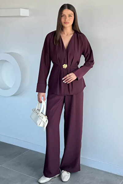 TOZLU Gülseli Women's Pleated Brooch Detailed Blouse and Elastic Waist Pants ...