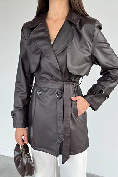 TOZLU Women's Double Pocket Belted Buttoned Faux Leather Trench Coat