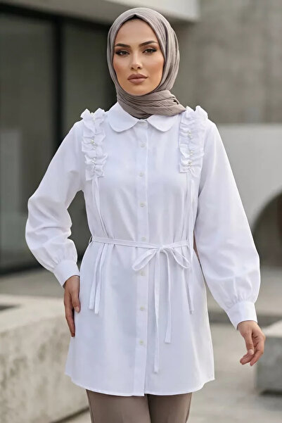 TOZLU Pearl Embellished Hijab Shirt Tunic with Shoulder Gathering