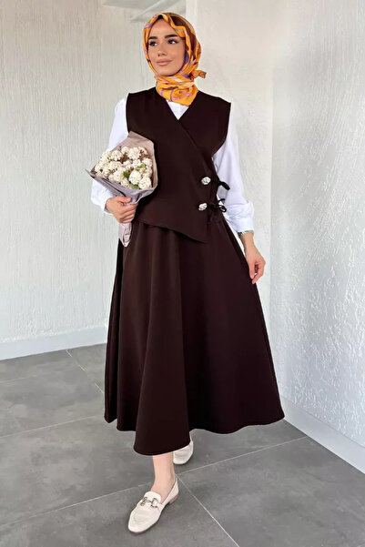 TOZLU Gülseli Tie-Up Vest Shirt Skirt Hijab Three-Piece Set