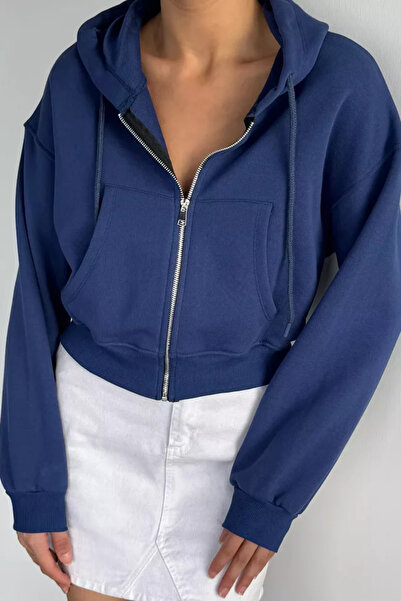 TOZLU Women's Front Zipper Hooded Double Pocket Sweatshirt