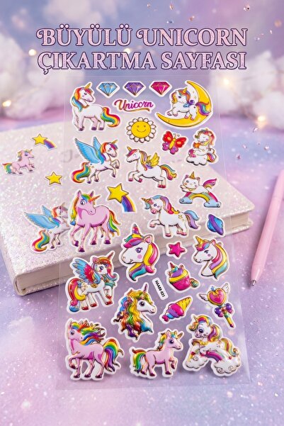 Büyülü Unicorn Sticker Sayfası - Gökkuşağı ve Elmas Detaylı