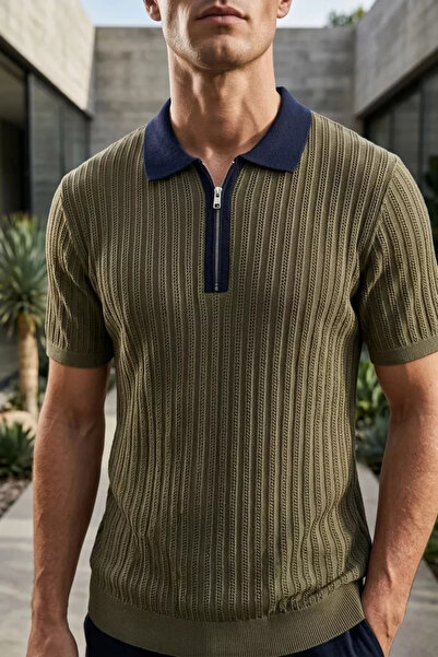 TOZLU Men's Polo Collar Half Zipper Patterned Knitwear T-Shirt