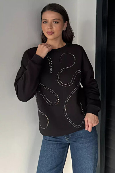 TOZLU Women's Stoned Crew Neck Embroidered Sweatshirt