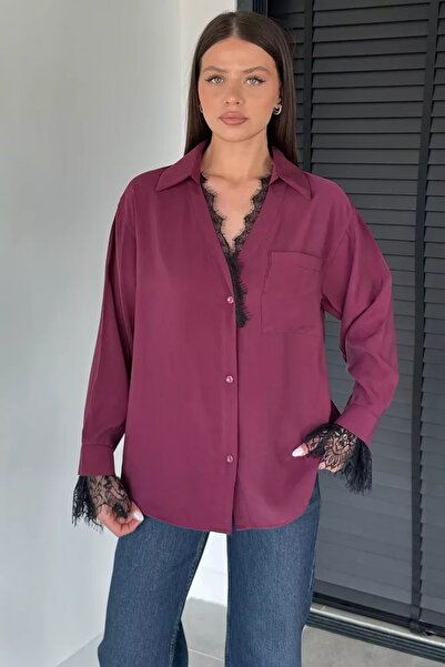 TOZLU Women's Lace Detailed Single Pocket Shirt