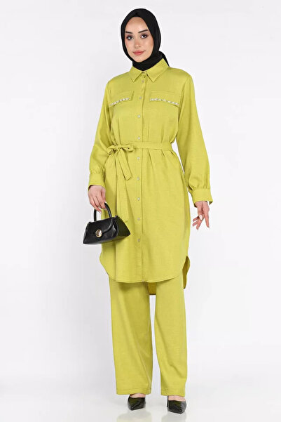 TOZLU Set de hijab pentru femei cu tunică și pantaloni cu detaliu de centură ...