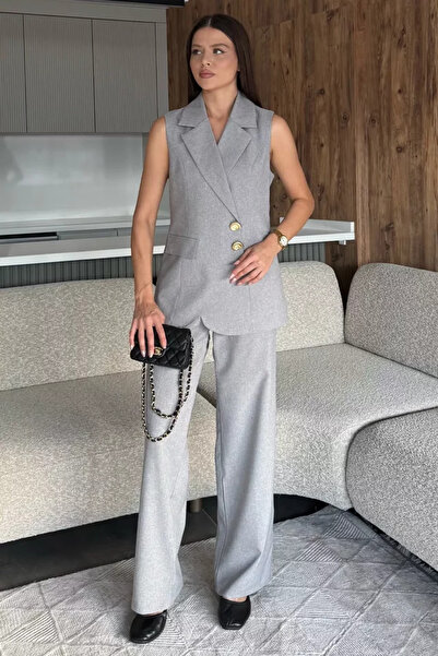 TOZLU Double-Breasted Collar Lined Vest and Trousers Two-Piece Set