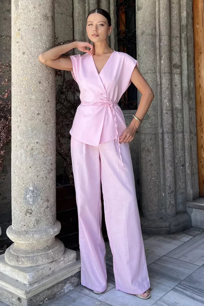 TOZLU Waist-Tied Lined Women's Vest and Trousers Linen Two-Piece Set