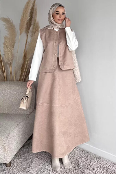 TOZLU Crew Neck Body Suede Vest Skirt Hijab Triple Set