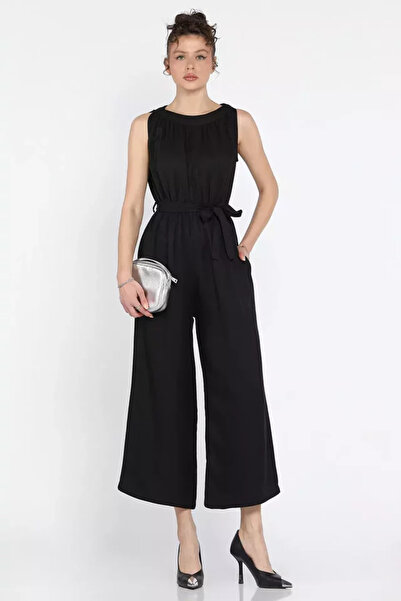 TOZLU Women's Crew Neck Waist Belted Jumpsuit