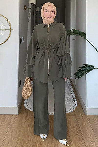 TOZLU Gülseli Sleeve Ruffled Tunic Elastic Waist Pants Hijab Double Set