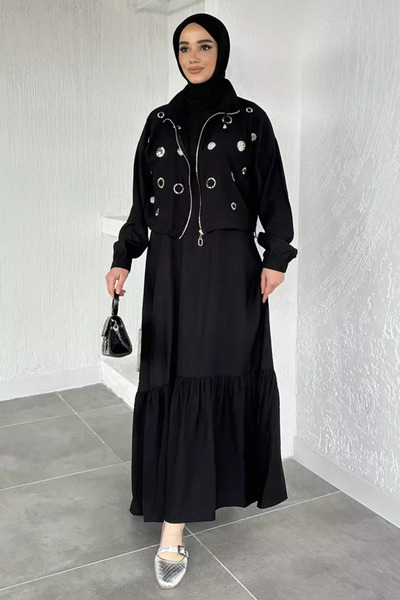 TOZLU Gülseli Plain Dress Stone Embellished Jacket Hijab Double Set