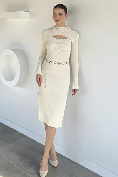 TOZLU Gülseli Women's Lycra Knitwear Dress with Low-Cut Chest, Slits and Belt...