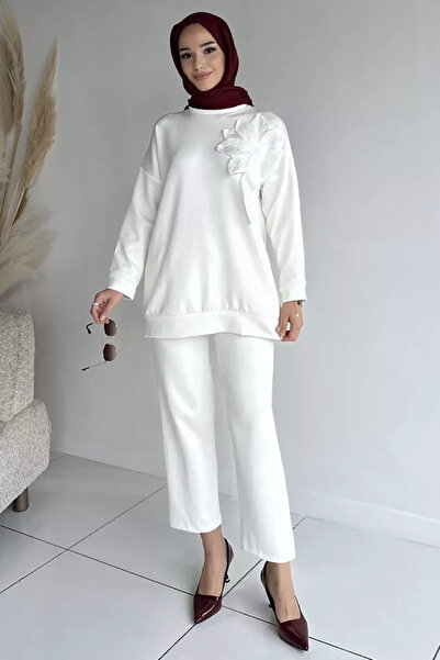 TOZLU Collar Flower Detailed Tunic Trousers Hijab Double Set