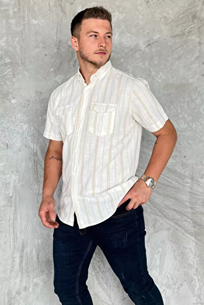 TOZLU Men's Double Pocket Striped Short Sleeve Shirt