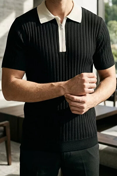 TOZLU Men's Polo Collar Half Zipper Patterned Knitwear T-Shirt