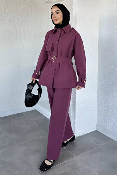TOZLU Belted Lined Trench Trousers Hijab Two-Piece Set