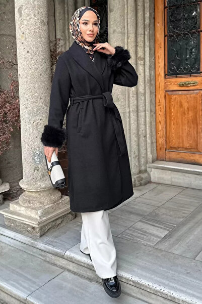 TOZLU Hooded Belted Sleeve End Plush Detailed Hijab Coat