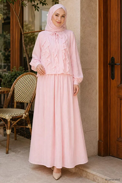 TOZLU Elastic Waist Skirt, Front Ruffled Blouse, Hijab, Two-Piece Set