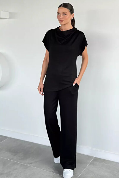 TOZLU Women's Elastic Waist Trousers Degaje Collar Blouse Double Set