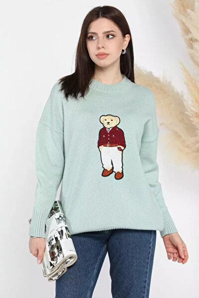 TOZLU Women's Knit Sweater with Applique Bear