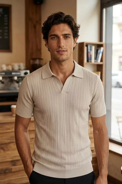 TOZLU Men's Polo Neck Self-Patterned Knitwear T-Shirt