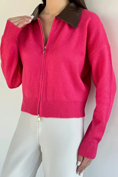 TOZLU Women's Polo Collar Leather-Trimmed Zippered Knitwear Cardigan (Availab...