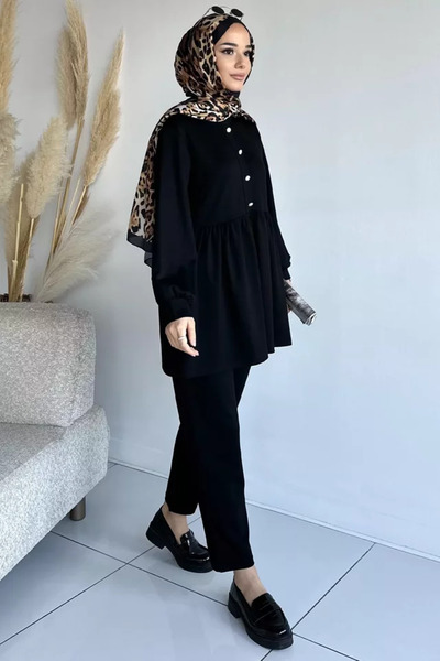 TOZLU Women's Stoned Buttoned Ruffled Tunic Trousers Hijab Double Set