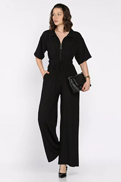 TOZLU Half Zipper Elastic Waist Short Sleeve Jumpsuit