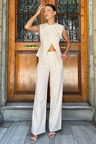 TOZLU Linen blouse and trousers two-piece set with waist tie